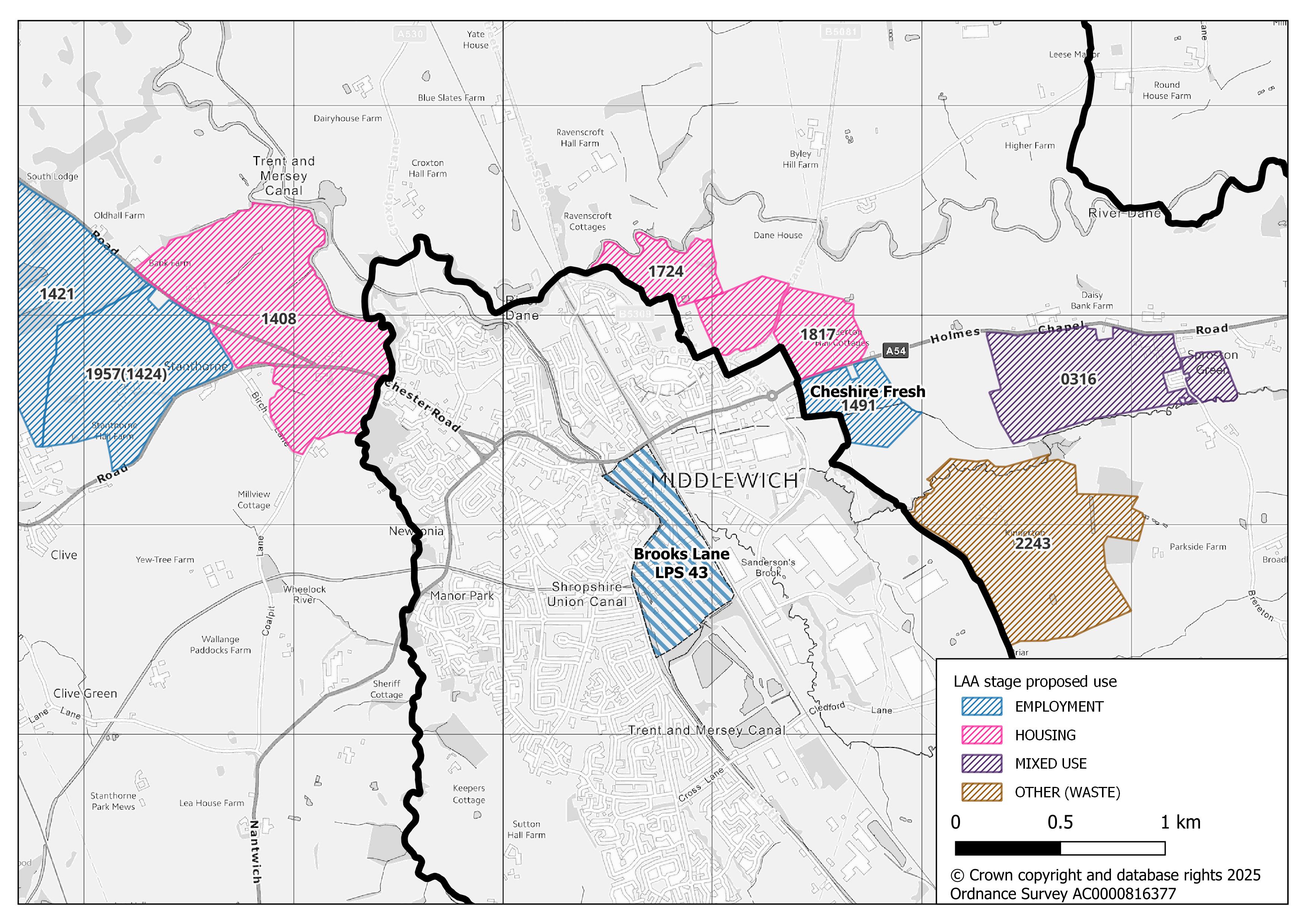 Map of the Middlewich settlement showing land availability assessment site submissions and Cheshire East Local Plan strategic locations. Employment sites are highlighted in blue, housing sites in pink, mixed-use sites in purple, and other uses (such as waste) in brown.